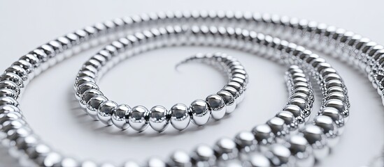 Silver beaded necklace coiled on white background.