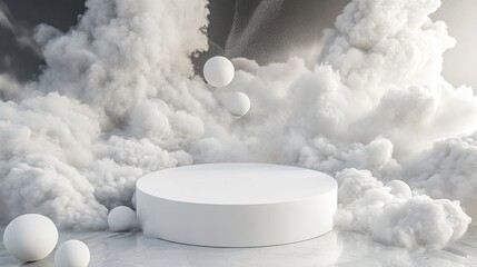 White podium in smoky cloudscape, ideal for product display.
