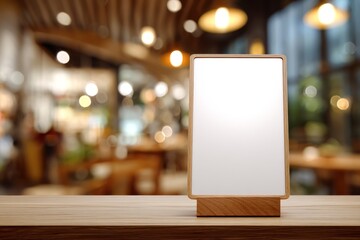 Blank menu board on a wooden table in a blurred restaurant setting.
