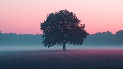 Solitary tree in misty sunrise field.