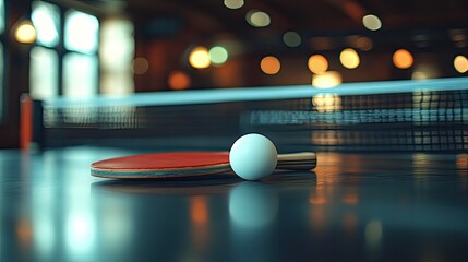 Ping pong paddle and ball on table, blurred background.