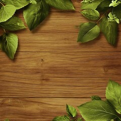 Green leaves on a wooden background with copy space for your text.