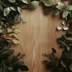 Wooden background with green leaves and copy space for your text.