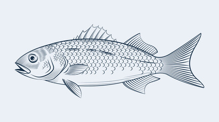 Hand drawn illustration of sea bass fish, line art. Ideal for use in restaurant menu designs, seafood product packaging, culinary recipe layouts, fish market branding, or kitchen wall art.