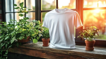 Blank white t shirt on windowsill