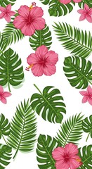 Vibrant Hibiscus & Tropical Leaves Pattern