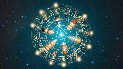 Planets rotating around pentagram in golden esoteric circle - Powered by Adobe