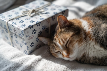 Cute calico cat sleeping peacefully near a paw print gift box