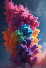 Fototapeta premium Multi-hued powder cloud erupts; sharp contrast, intense colors , high-speed, intense