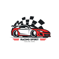 Racing Spirit Car Emblem &ndash; Red Sports Car Vector with Checkered Flag for Auto Events & Track Day Logos