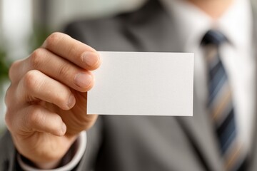 Hand in suit holding a blank white business card in a blurred setting.