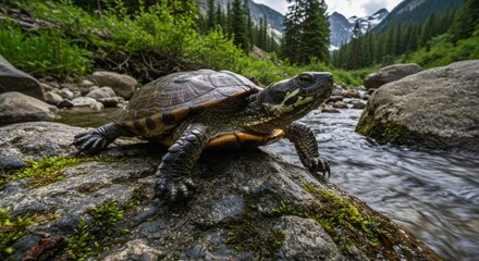 Majestic Turtle Exploring a Tranquil Mountain Stream Environment