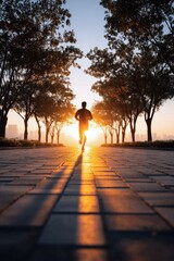 Man Jogging Through City Park at Sunrise