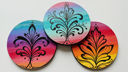 Set of Three Painted Wooden Charms with Doodle Designs & Colorful Gradients - Circular Craft Objects