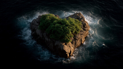 Heart-shaped island with lush forest and ocean reflection
