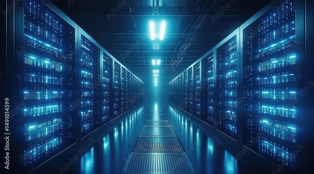 Poster Futuristic data center corridor lined with glowing blue server racks under bright LED lights. Ideal for cloud computing, cybersecurity, and tech infrastructure themes