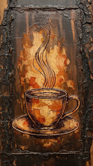 Artistic Coffee Cup Drawing with Steaming Liquid on Textured Burnt Wood Background - Rustic Beverage Art