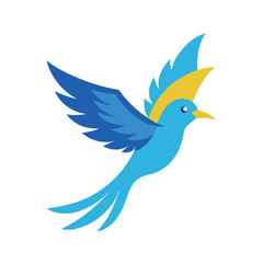 Colorful illustration of a vibrant blue bird flying in mid air on a white background