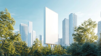 Obraz premium Blank billboard in city park with skyscrapers.