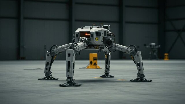 Hexapod Robot Standing Still in Large Empty Warehouse