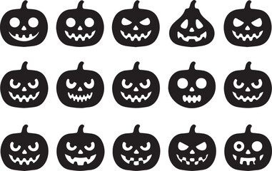 Halloween Black Pumpkin Silhouettes with Carved Faces on Transparent Background