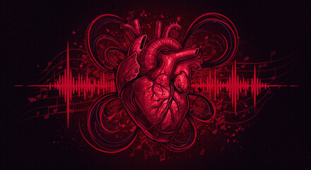 Artistic Illustration of Anatomical Heart with Music Notes and Sound Wave - The Rhythm of Life