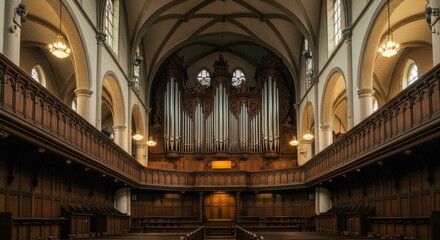 Obraz premium Interior view of a grand old church with a prominent pipe organ