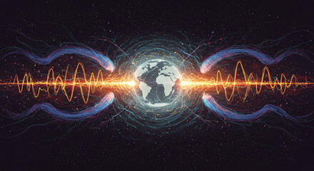 Conceptual Illustration of Planet Earth with Sound Waves and Energy Lines - Global Sound