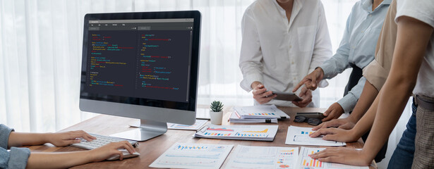Software development programming on computer screen for brisk application and program coding