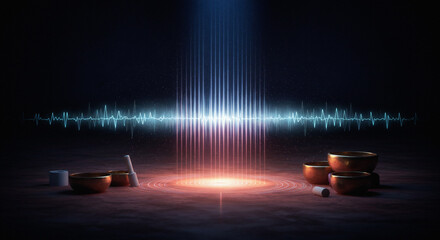 Abstract Universal Sounds Illustration with Light Beams and Glowing Energy Rings - Cosmic Harmony