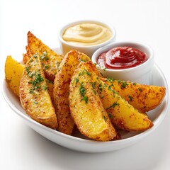 Close-up of spicy potato wedges with tomato and cheese dipping sauces isolated on white background for food product display or menu design