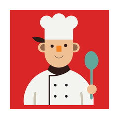 Cheerful cartoon chef with a spoon on a red background perfect for restaurant design