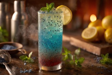 Colorful layered cocktail in glass with lemon slice and mint garnish on bar.