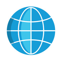 Blue earth globe icon representing global communication and worldwide network on white background