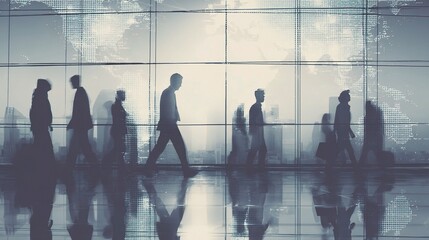 Silhouettes Walking Through Corporate Building with Glass Background
