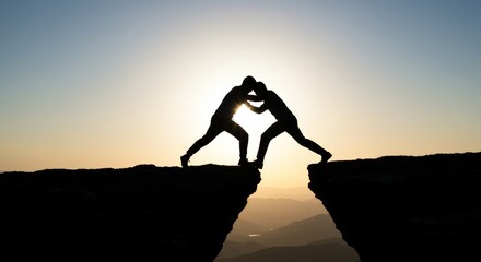 Silhouetted men pushing against each other on a rocky cliff edge at sunset