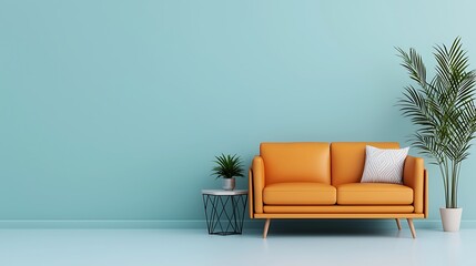 Fototapeta premium Minimalist Interior Design with Orange Sofa, Houseplant, and Teal Wall for Modern Living Room Aesthetic.