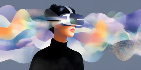 Woman wearing virtual reality headset with colorful abstract waves representing immersive digital experience and futuristic technology