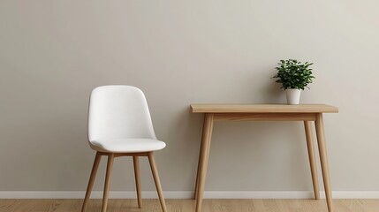 Minimalist Interior Featuring a White Chair, Wooden Desk, and Green Plant Against a Neutral Wall Background for Decor Inspiration.