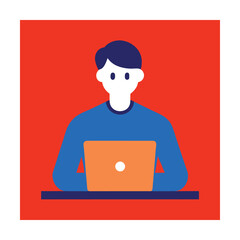 Modern flat illustration of a person working on a laptop against a red background