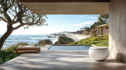 Coastal patio view with modern toilet