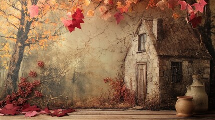 Autumnal scene with stone cottage, fall leaves, and pottery on wooden surface.
