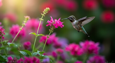 Naklejka premium Hummingbird on pink flowers