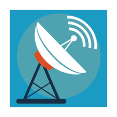 Illustrated vector graphic of a satellite dish transmitting signals with blue background