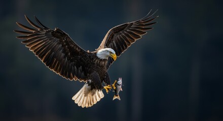 Obraz premium Majestic Bald Eagle Soaring Through the Sky with its Fresh Catch
