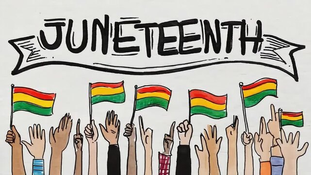 Juneteenth celebration with raised hands and flags