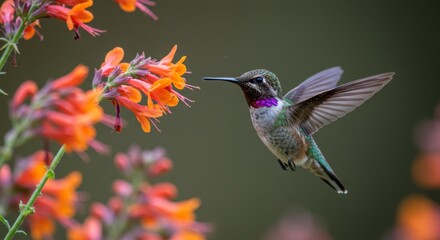 Fototapeta premium Hummingbird in flight approaching vibrant orange flowers for nectar