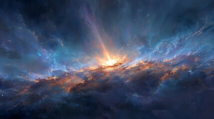 Fiery Cosmic Collision Nebula Space Art Digital Painting Bright Orange Blue Starburst Celestial Explosion Fantasy Galaxy Artwork  
