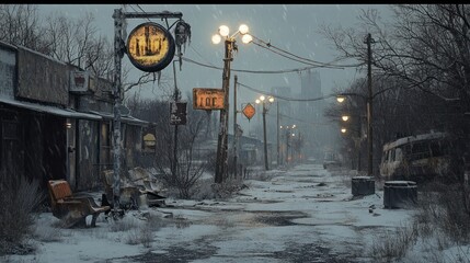 Obraz premium Eerie winter scene in a desolate town, blanketed with snow and weathered buildings