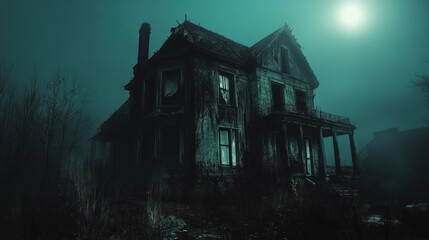 Eerie glow over the dilapidated mansion in the haunting night scene